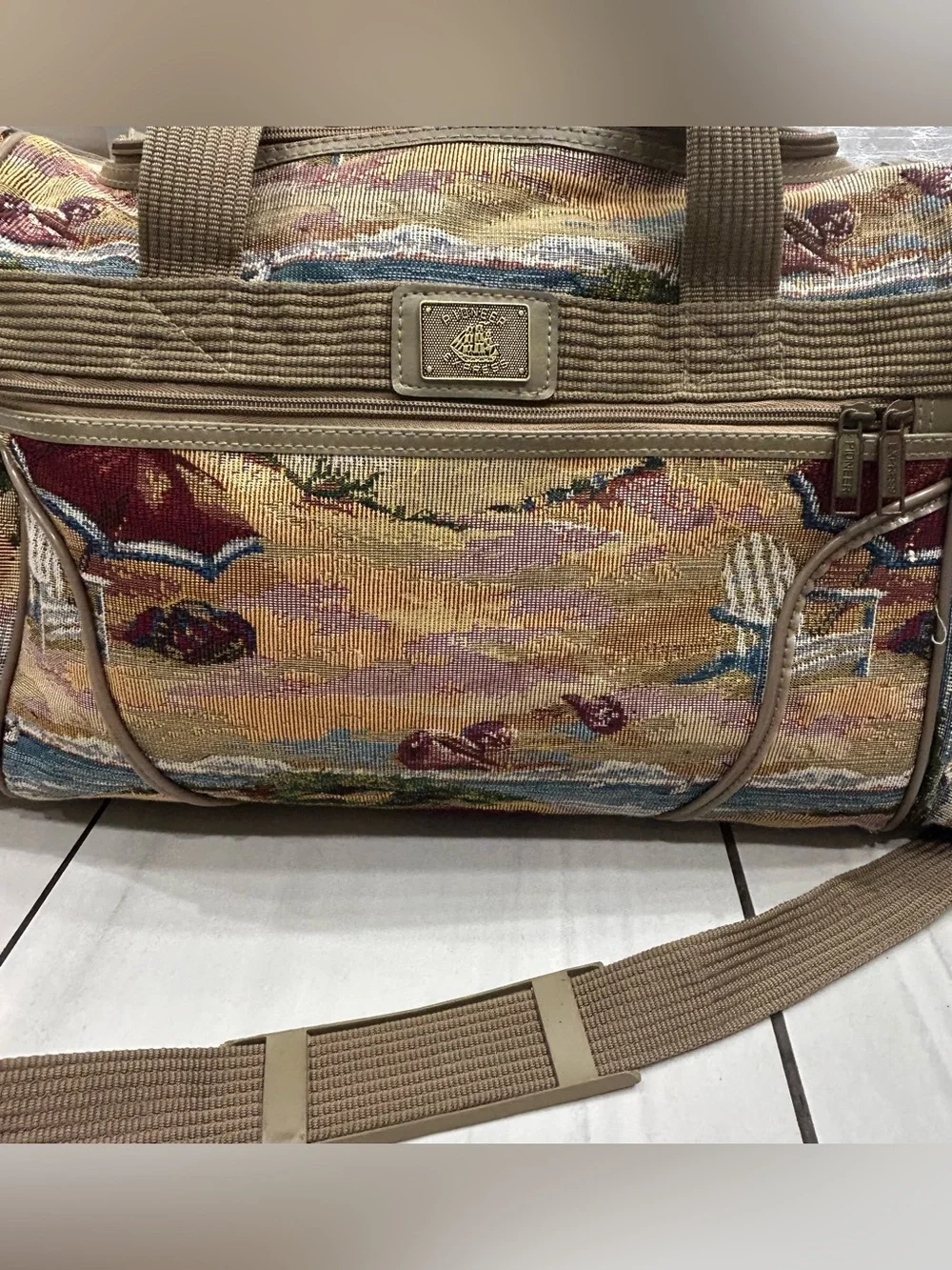 Vintage Pioneer Express Tapestry Bag – Beach Scene/Coastal Nautical Tote Large
